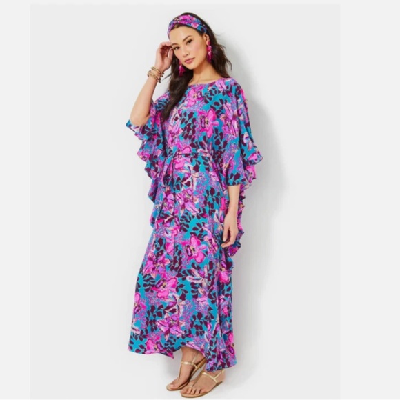 $498 NWT LILLY PULITZER MONNAE SILK MAXI CAFTAN DRESS BLUE ORCHID YOU NOT XS - Picture 2 of 8